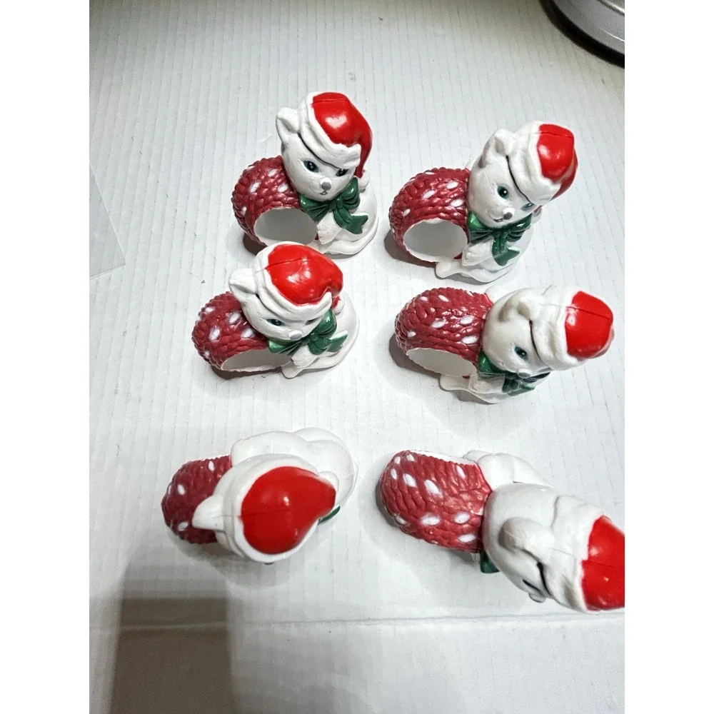 Hand Painted Ceramic Polar Bear Christmas Napkin Rings, Set of 6 White Red Green